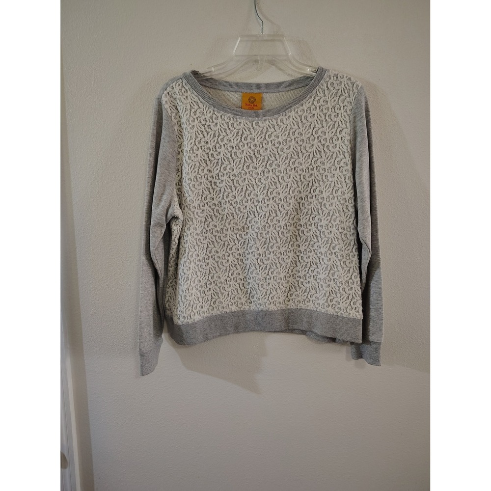 Ruby Rd Petite Gray Sweatshirt White Floral Lace Overlay Pullover Womens PL